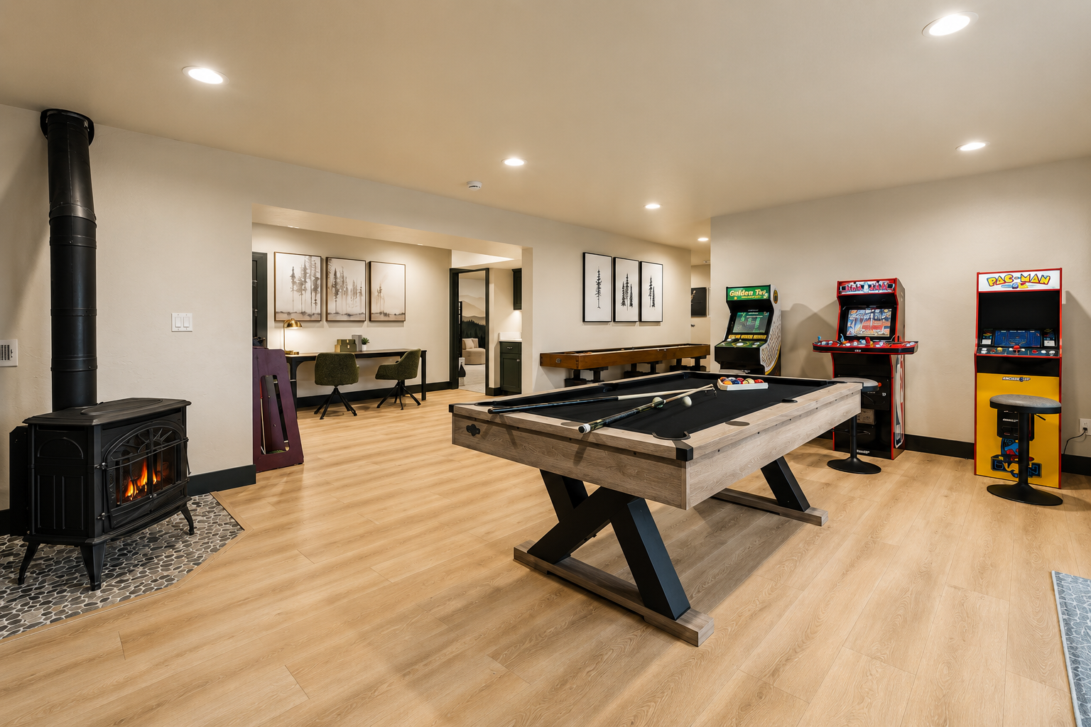 Game room with pool table, shuffleboard and arcade games