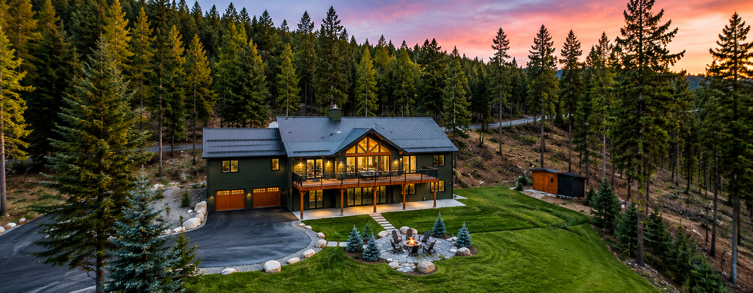 The Tamarack at twilight, a dark green Montana lodge above a lawn and stone fire pit