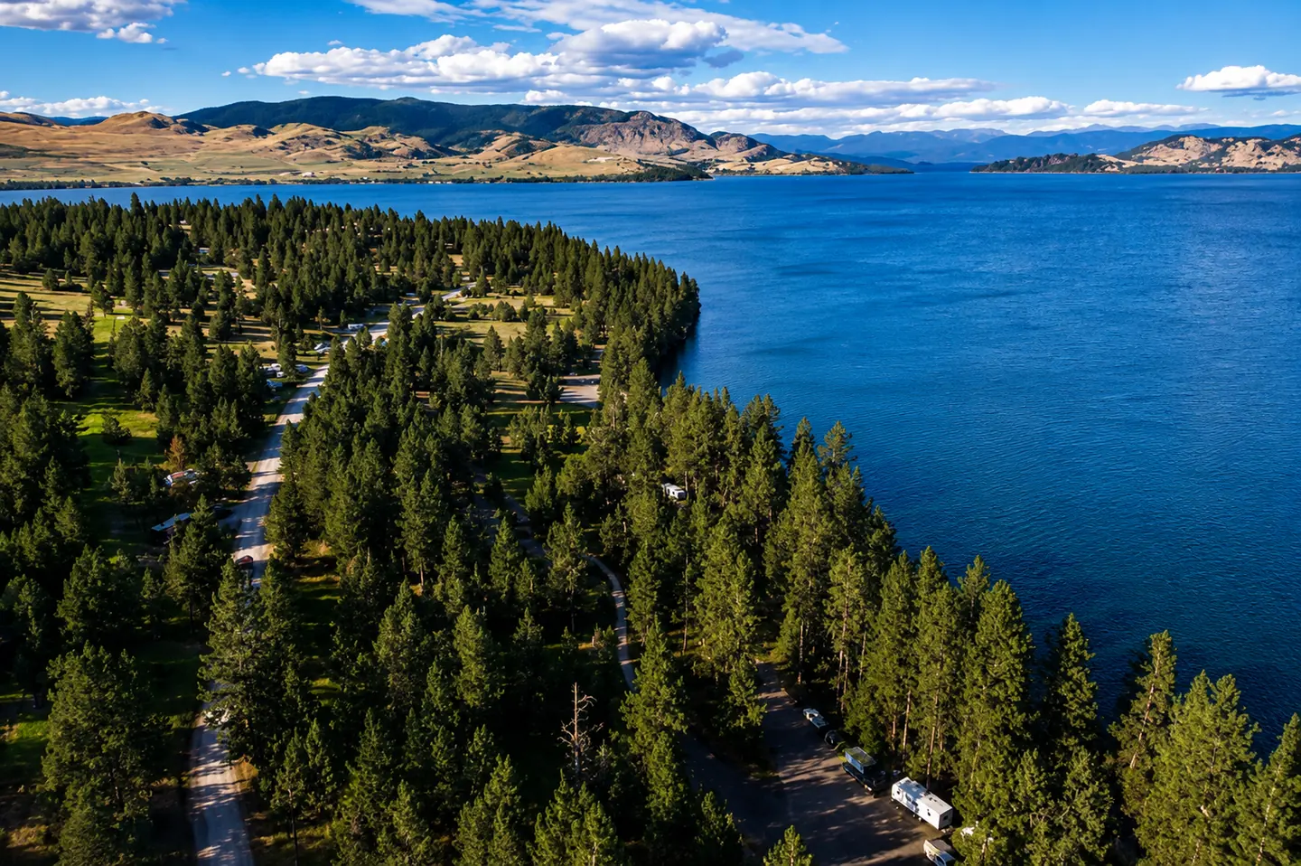 High aerial view across Flathead Lake at sunset near Lakeside, Montana